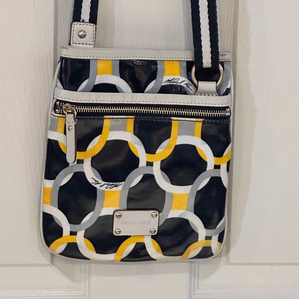 Michael Kors Crossbody Bag Navy Yellow Geometric Link Coated Canvas Messenger